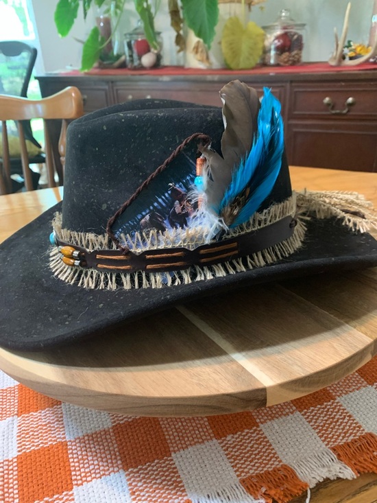 Accessories - Black Feathered Cowboy Hat with Blue Accent - Unbranded